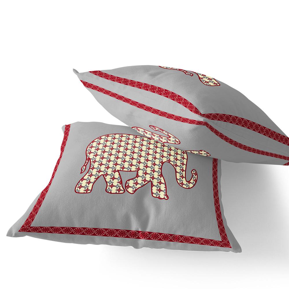 Gray, Red Elephant Blown Seam Animal Print Indoor Outdoor Throw Pillow. Picture 3
