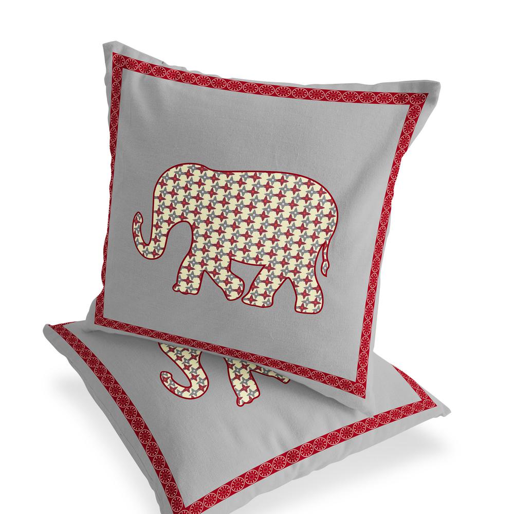 Gray, Red Elephant Blown Seam Animal Print Indoor Outdoor Throw Pillow. Picture 4