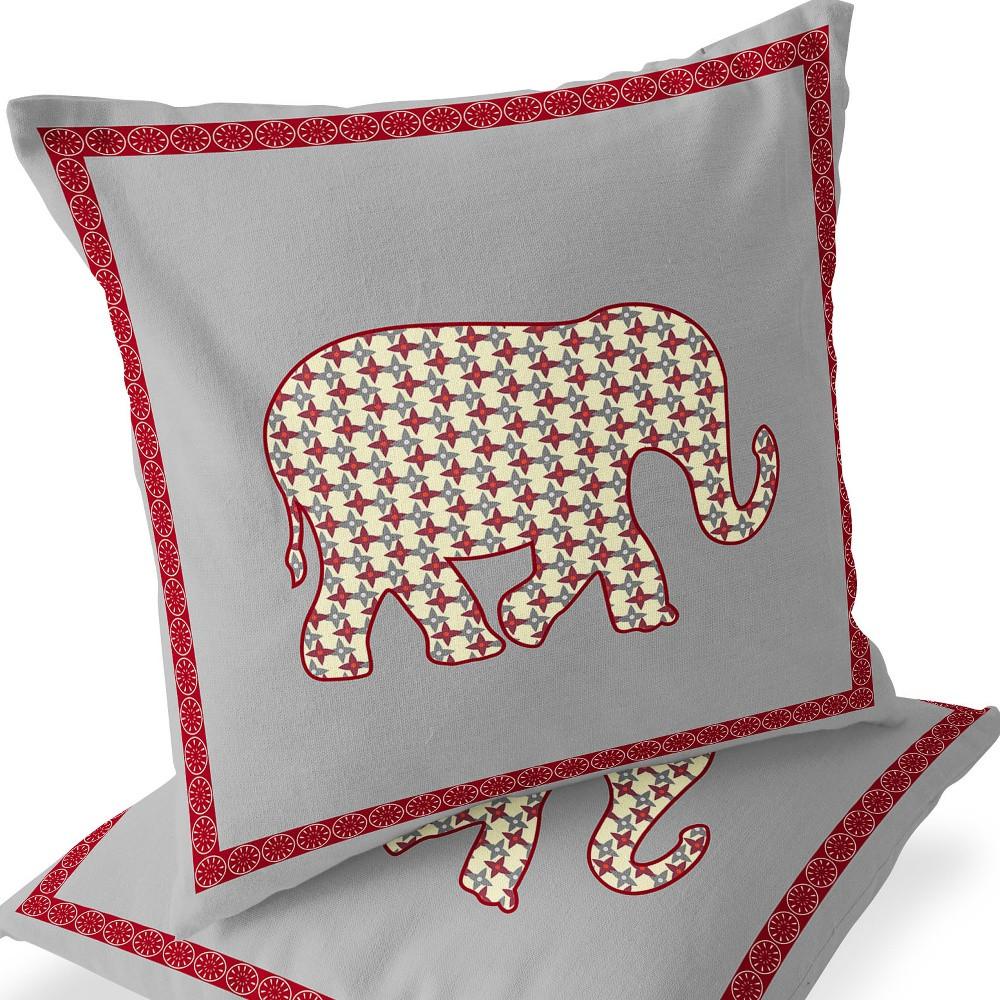 Gray, Red Elephant Blown Seam Animal Print Indoor Outdoor Throw Pillow. Picture 6