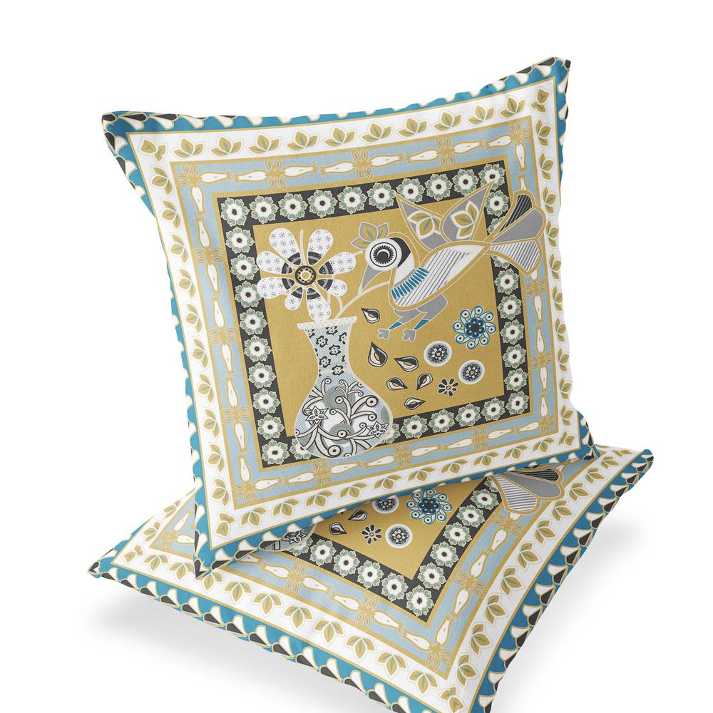 Beige, White Peacock Blown Seam Floral Indoor Outdoor Throw Pillow. Picture 1