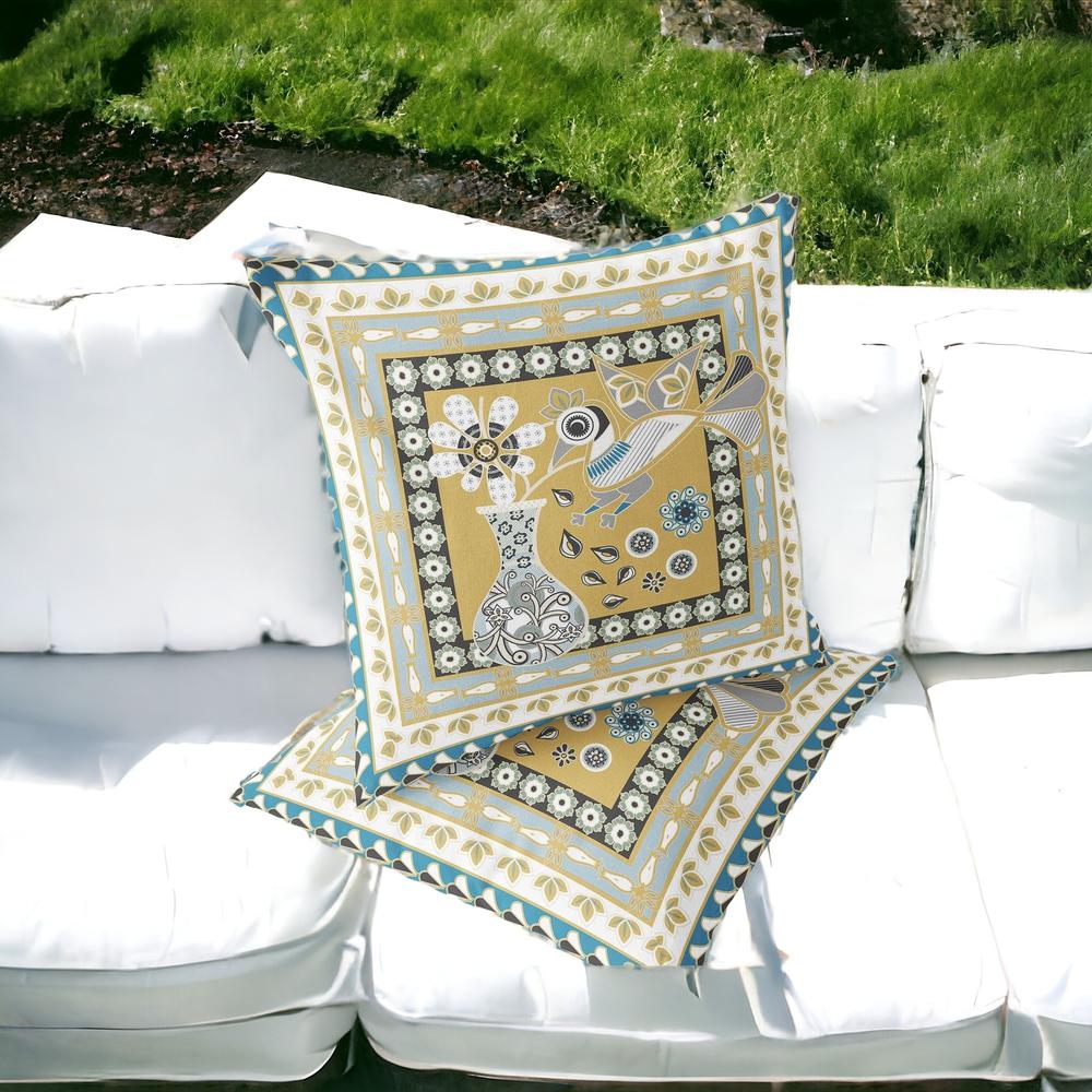 Beige, White Peacock Blown Seam Floral Indoor Outdoor Throw Pillow. Picture 2