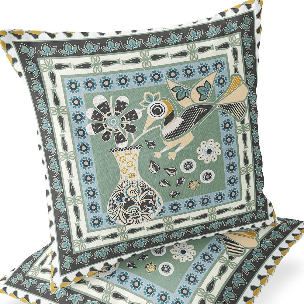 Green, Black Peacock Blown Seam Floral Indoor Outdoor Throw Pillow. Picture 5