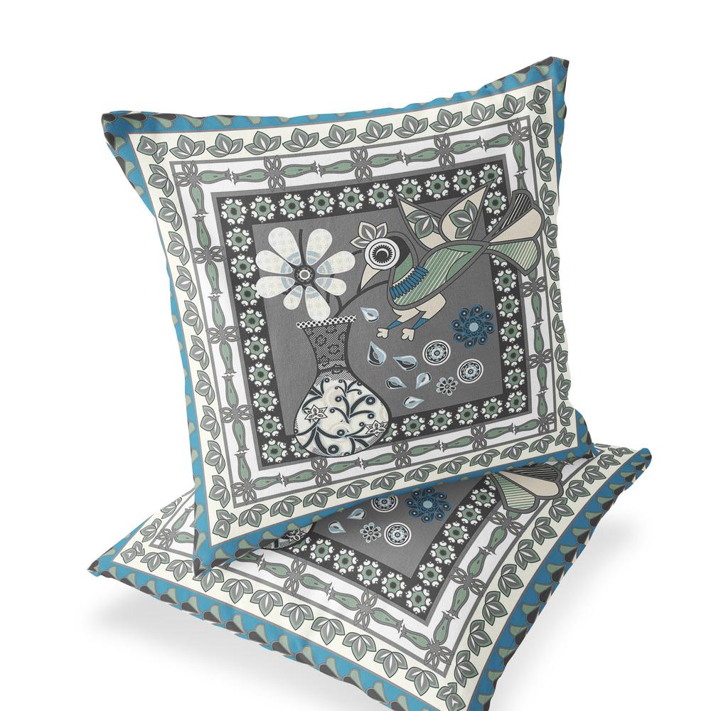 Black Gray, White Peacock Blown Seam Floral Indoor Outdoor Throw Pillow. Picture 1