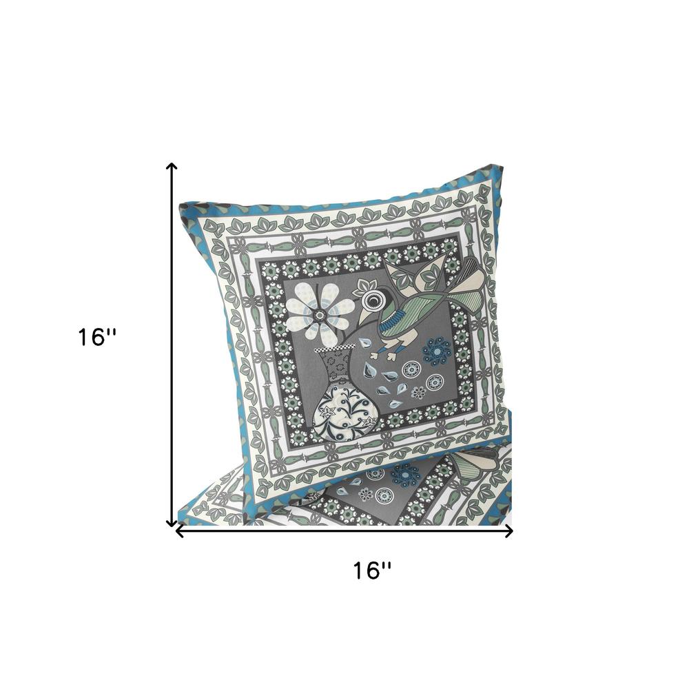 Black Gray, White Peacock Blown Seam Floral Indoor Outdoor Throw Pillow. Picture 8