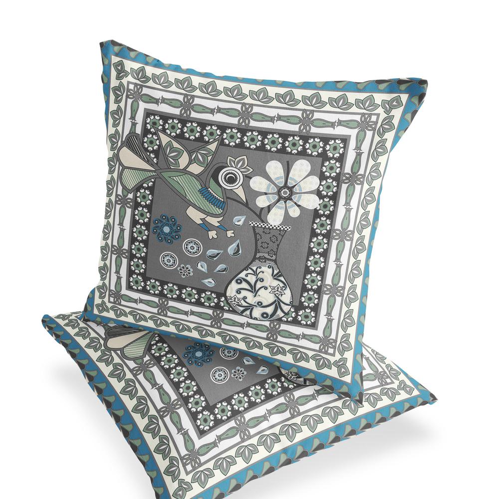 Black Gray, White Peacock Blown Seam Floral Indoor Outdoor Throw Pillow. Picture 4