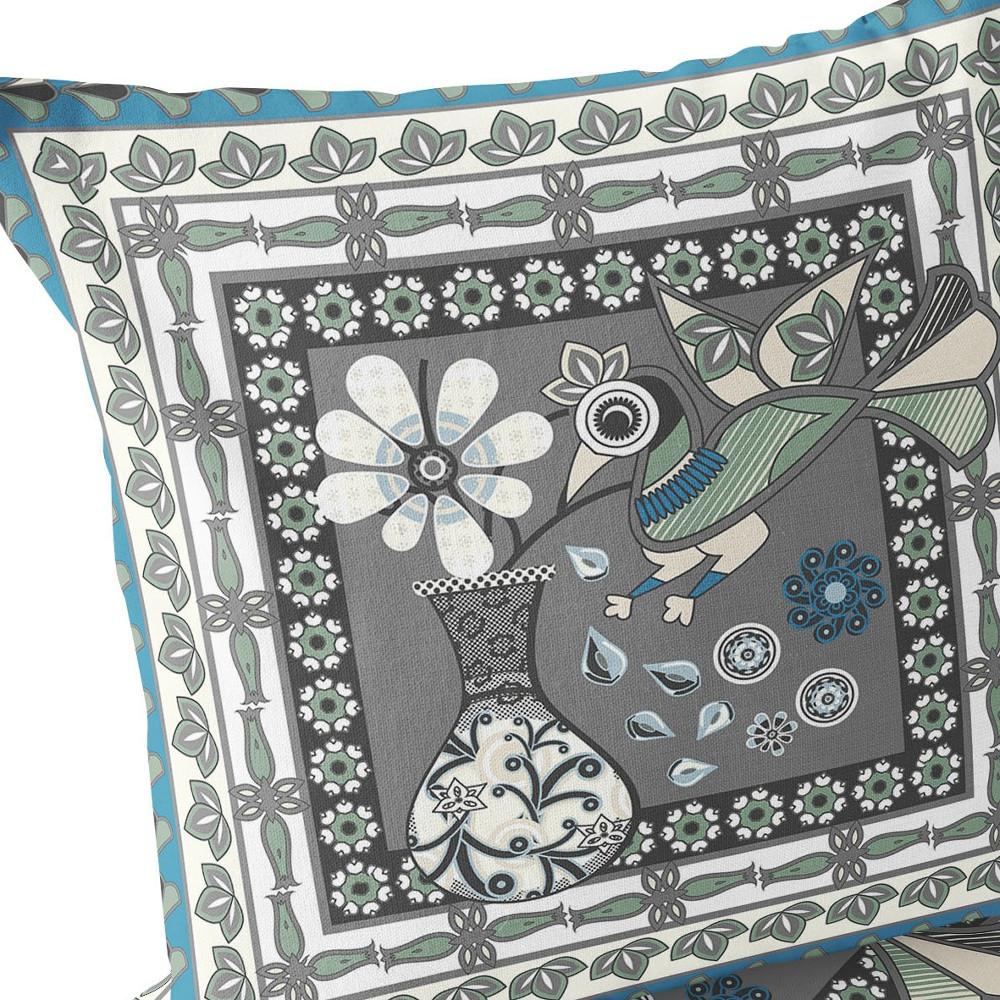 Black Gray, White Peacock Blown Seam Floral Indoor Outdoor Throw Pillow. Picture 6