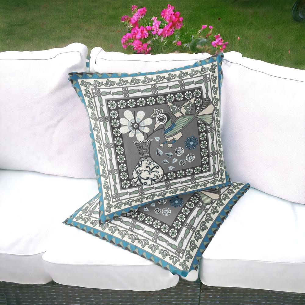 Black Gray, White Peacock Blown Seam Floral Indoor Outdoor Throw Pillow. Picture 2