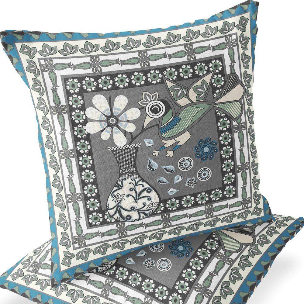 Black Gray, White Peacock Blown Seam Floral Indoor Outdoor Throw Pillow. Picture 5