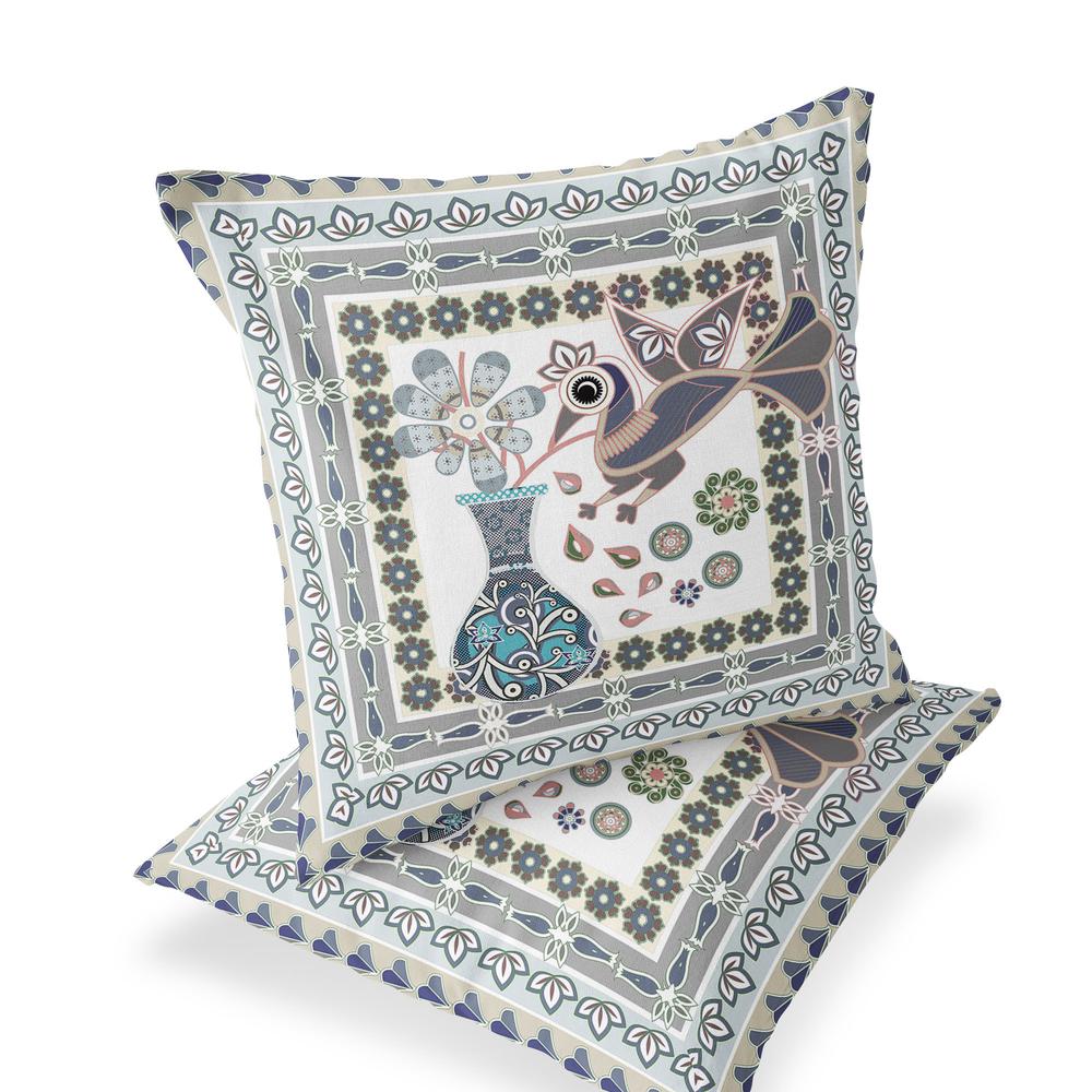 Gray, White Peacock Blown Seam Floral Indoor Outdoor Throw Pillow. Picture 1