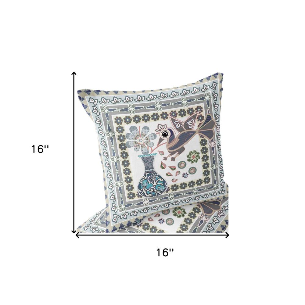 Gray, White Peacock Blown Seam Floral Indoor Outdoor Throw Pillow. Picture 7
