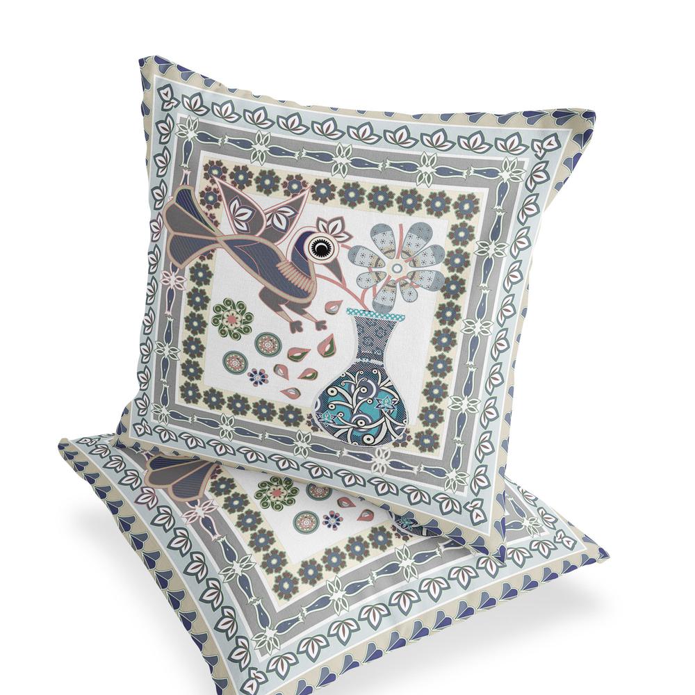 Gray, White Peacock Blown Seam Floral Indoor Outdoor Throw Pillow. Picture 4