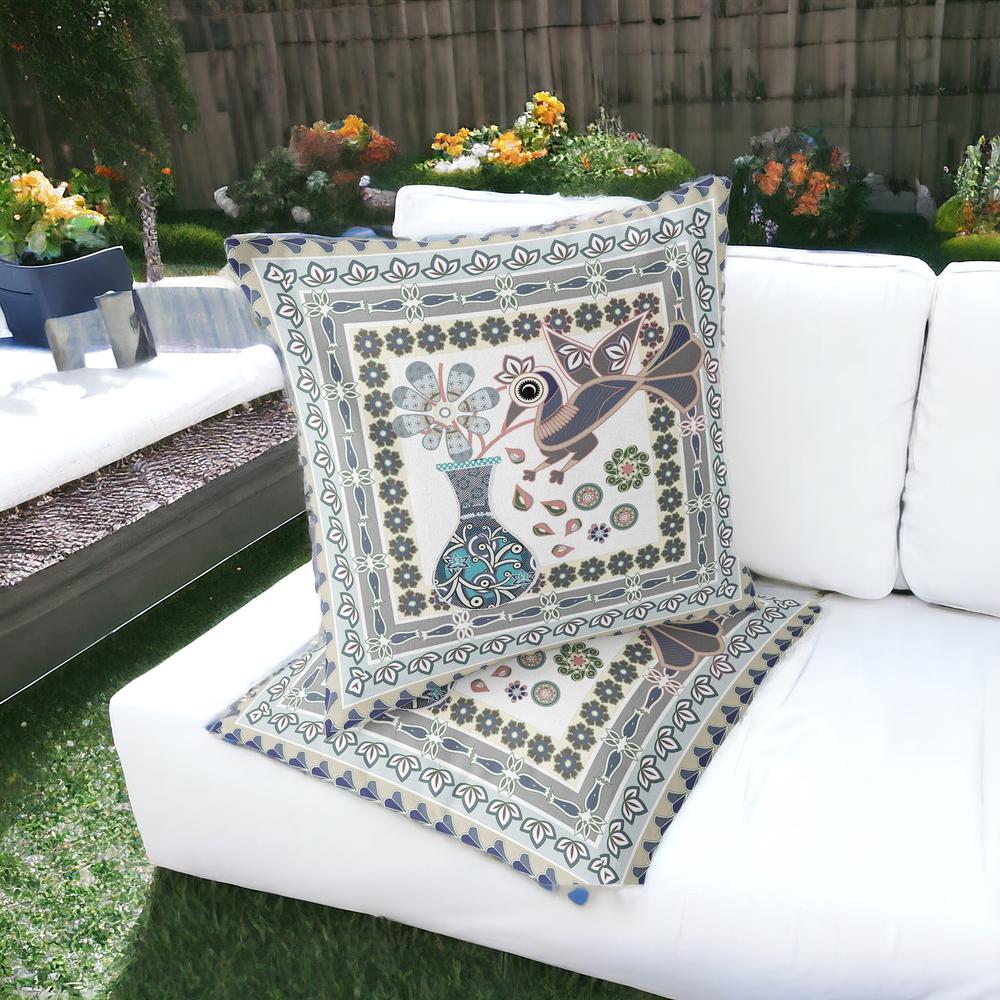 Gray, White Peacock Blown Seam Floral Indoor Outdoor Throw Pillow. Picture 2