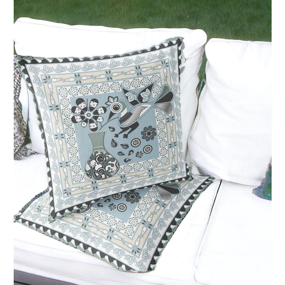 Blue, Black Peacock Blown Seam Floral Indoor Outdoor Throw Pillow. Picture 2