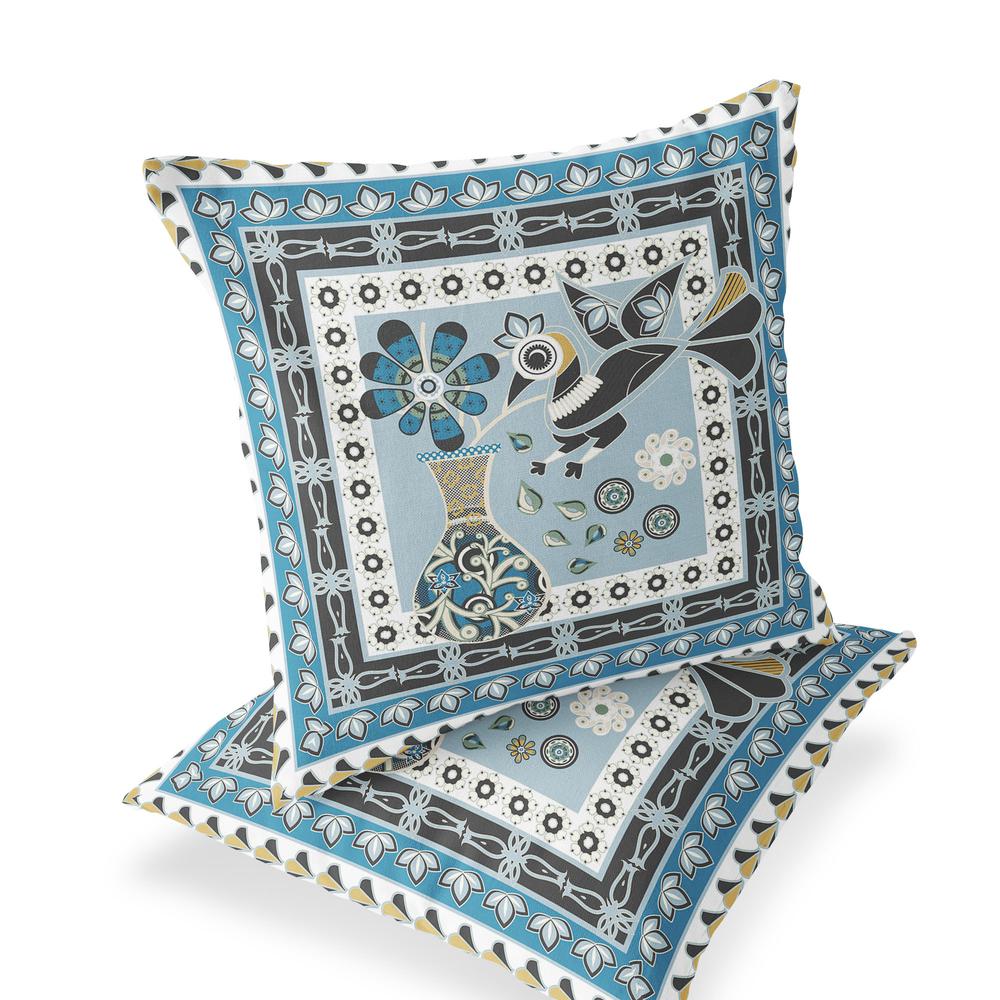 Blue, Black Peacock Blown Seam Floral Indoor Outdoor Throw Pillow. Picture 1