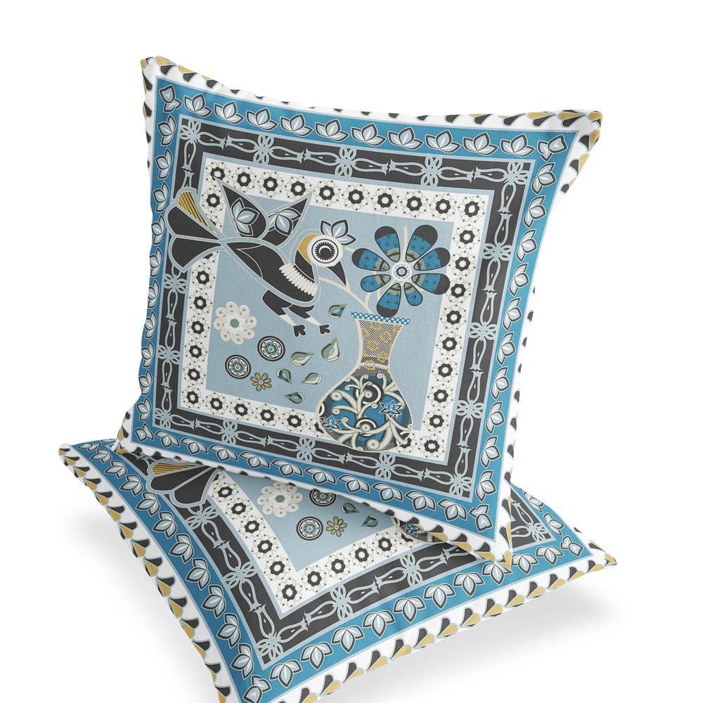 Blue, Black Peacock Blown Seam Floral Indoor Outdoor Throw Pillow. Picture 4