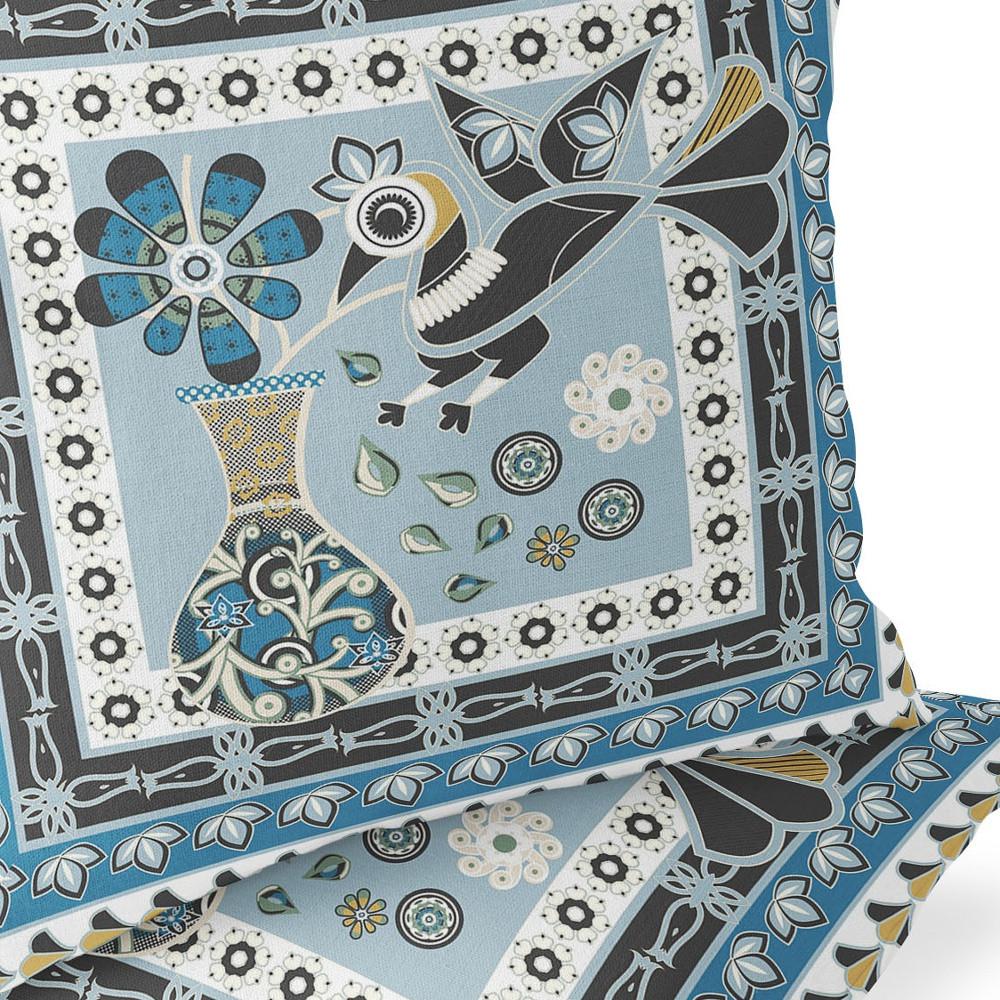 Blue, Black Peacock Blown Seam Floral Indoor Outdoor Throw Pillow. Picture 5