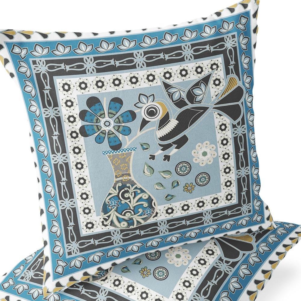 Blue, Black Peacock Blown Seam Floral Indoor Outdoor Throw Pillow. Picture 6