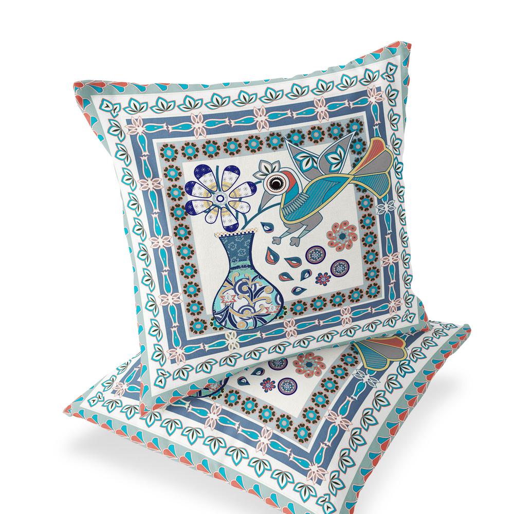 Blue, Off White Peacock Blown Seam Floral Indoor Outdoor Throw Pillow. Picture 1