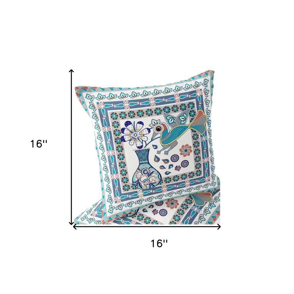 Blue, Off White Peacock Blown Seam Floral Indoor Outdoor Throw Pillow. Picture 7