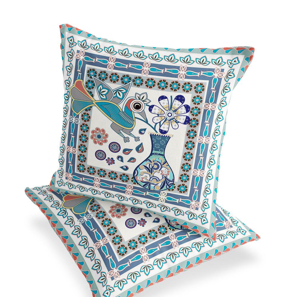 Blue, Off White Peacock Blown Seam Floral Indoor Outdoor Throw Pillow. Picture 4