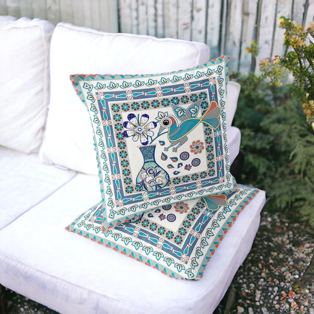Blue, Off White Peacock Blown Seam Floral Indoor Outdoor Throw Pillow. Picture 2