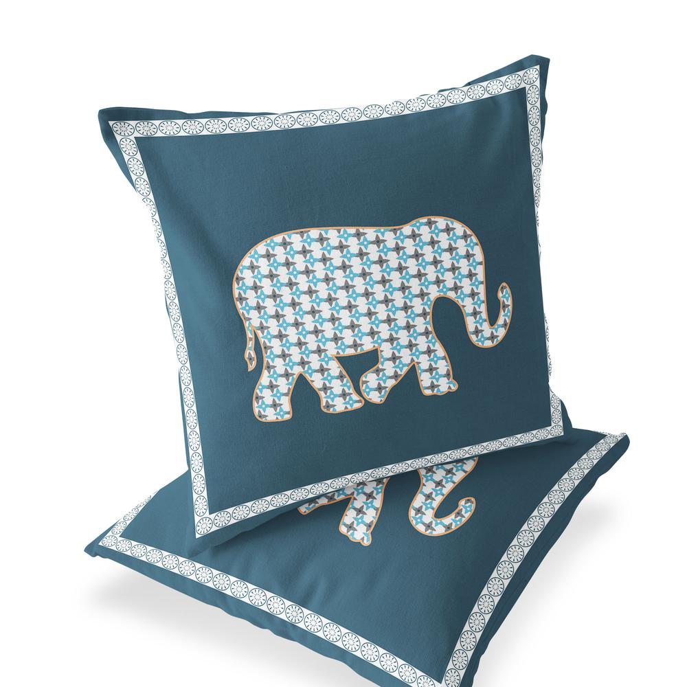 Blue, White Elephant Blown Seam Animal Print Indoor Outdoor Throw Pillow. Picture 4