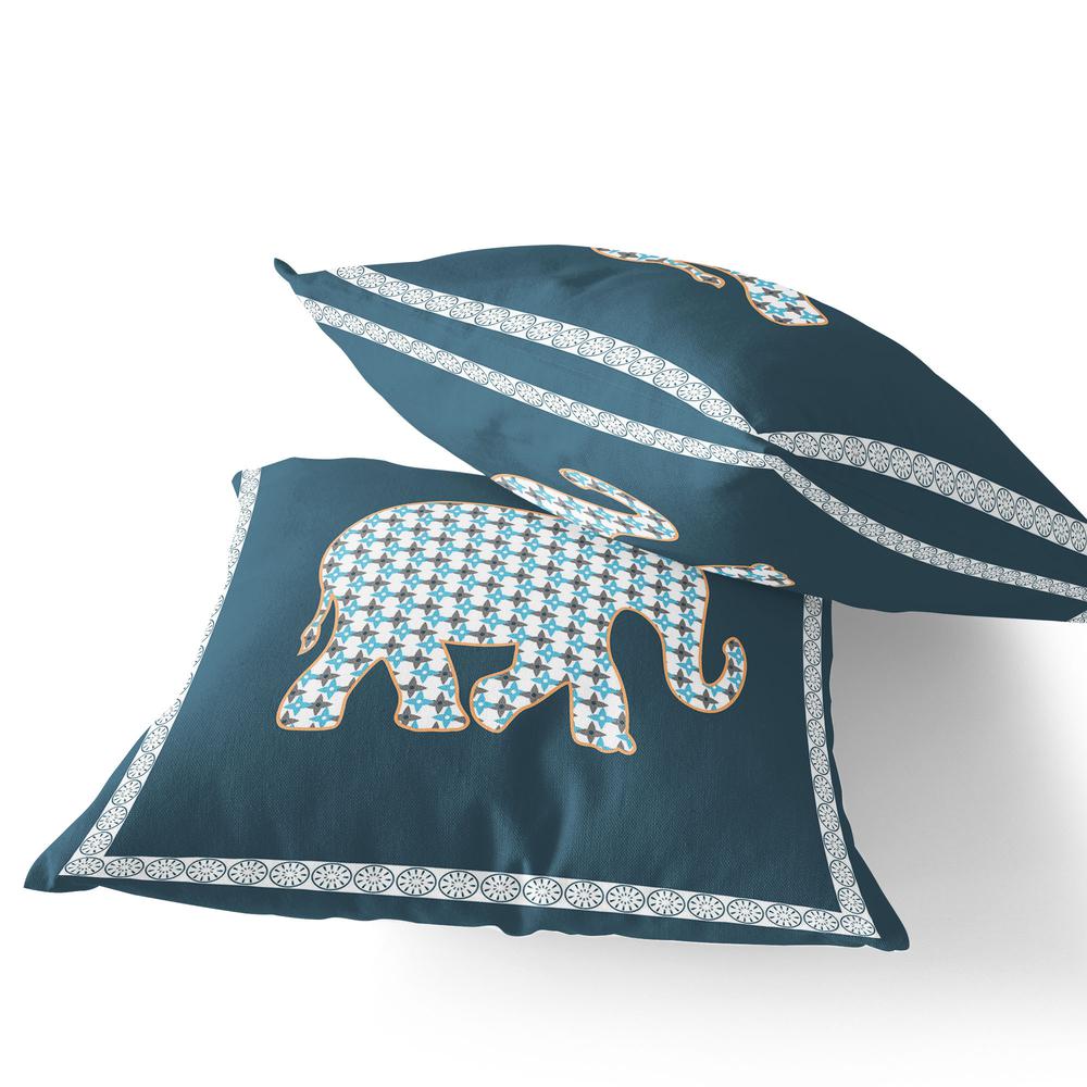 Blue, White Elephant Blown Seam Animal Print Indoor Outdoor Throw Pillow. Picture 3