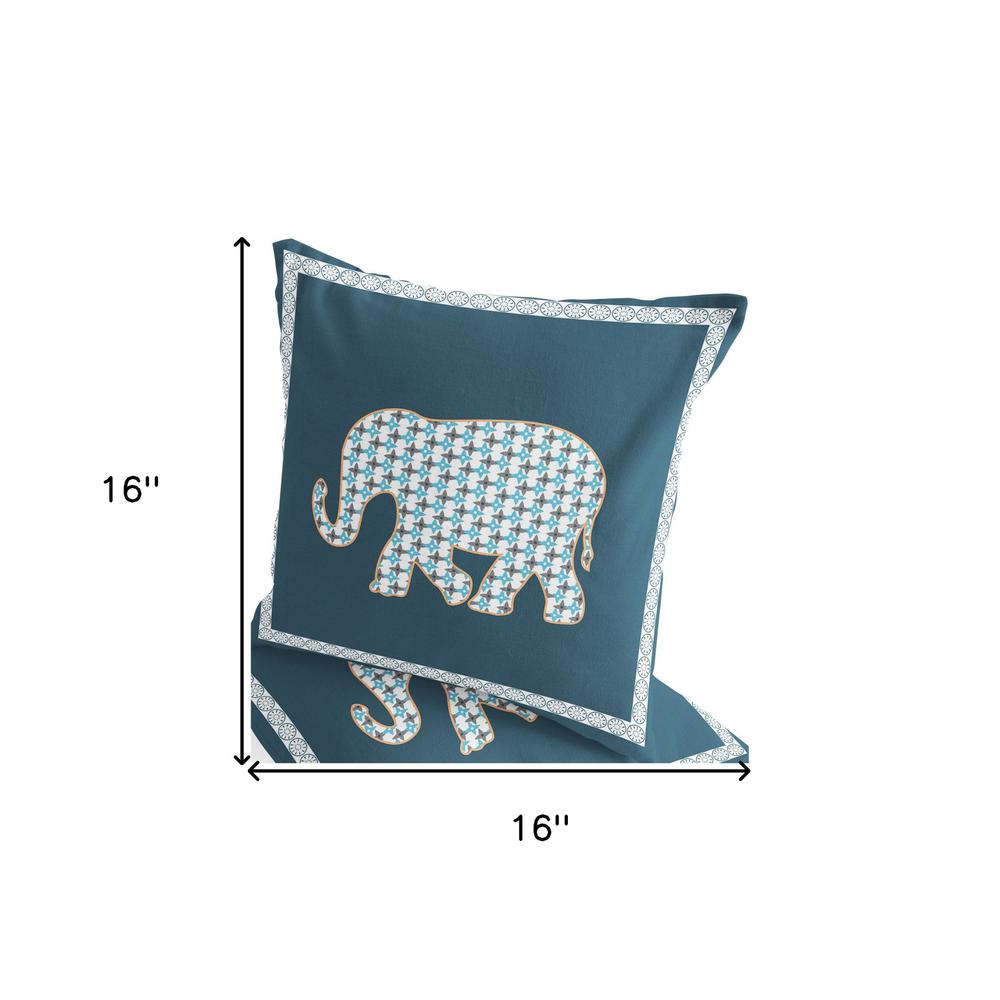 Blue, White Elephant Blown Seam Animal Print Indoor Outdoor Throw Pillow. Picture 7