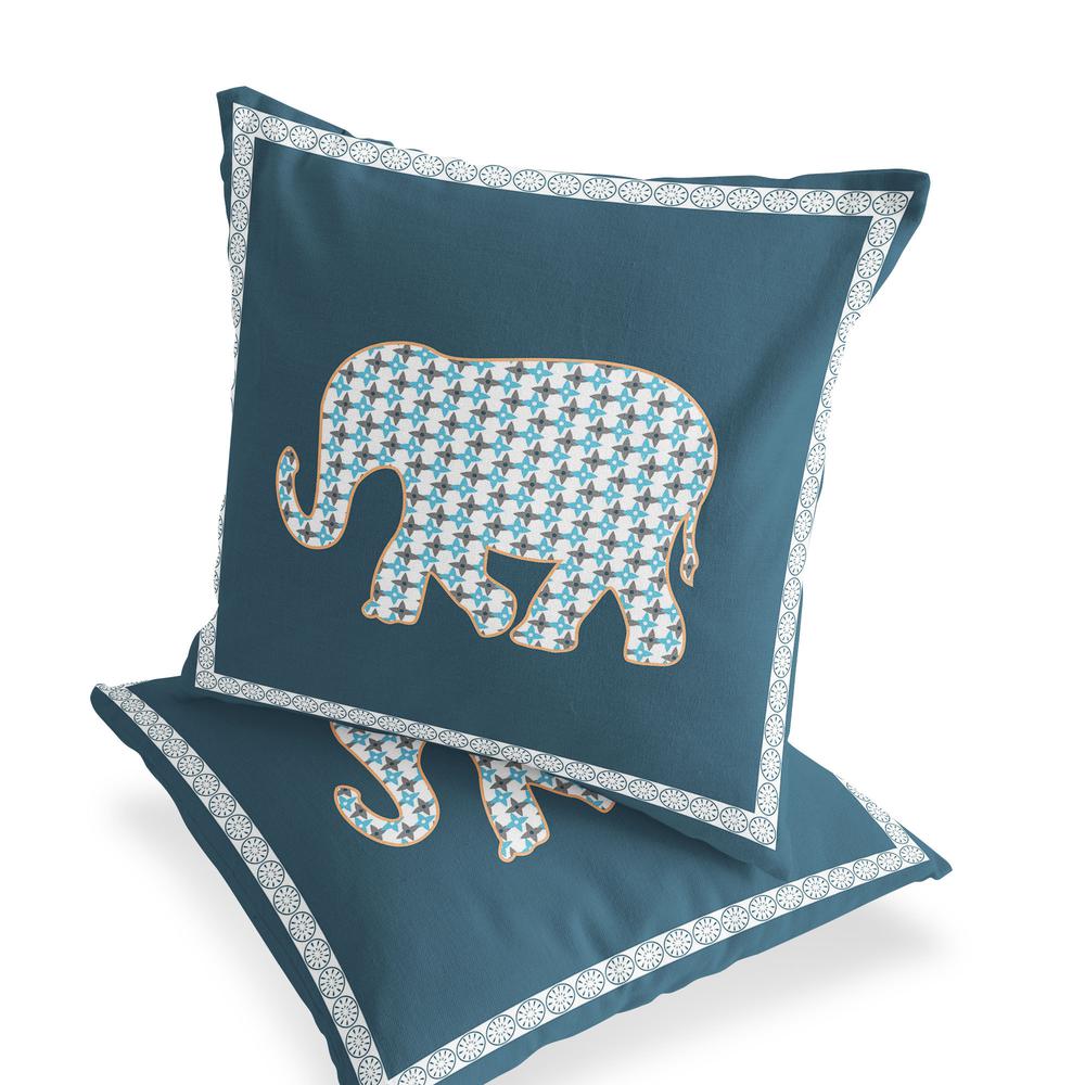 Blue, White Elephant Blown Seam Animal Print Indoor Outdoor Throw Pillow. Picture 1