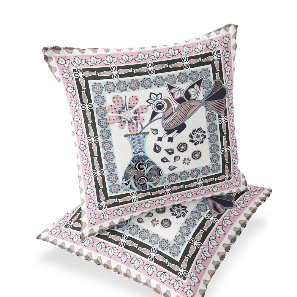 Pink, Black Peacock Blown Seam Floral Indoor Outdoor Throw Pillow. Picture 1