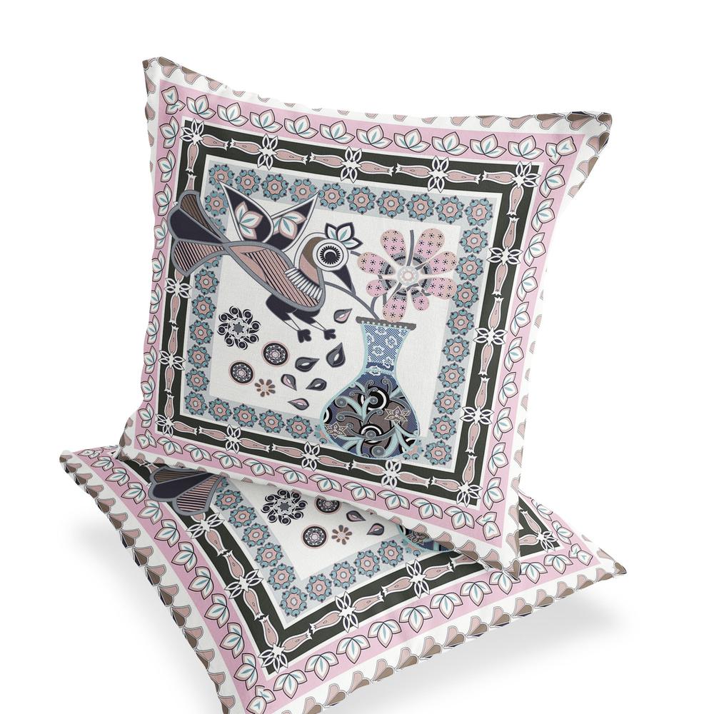 Pink, Black Peacock Blown Seam Floral Indoor Outdoor Throw Pillow. Picture 4