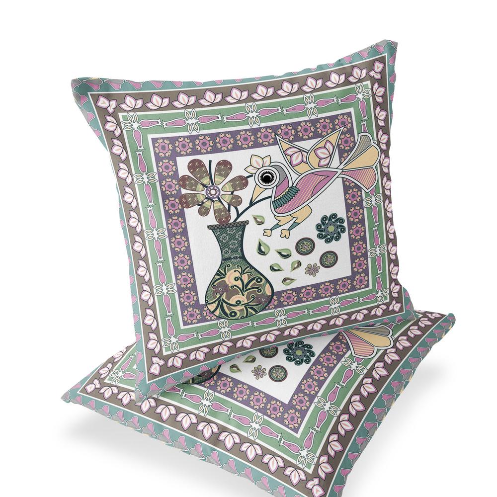Pink, Brown Peacock Blown Seam Floral Indoor Outdoor Throw Pillow. Picture 1