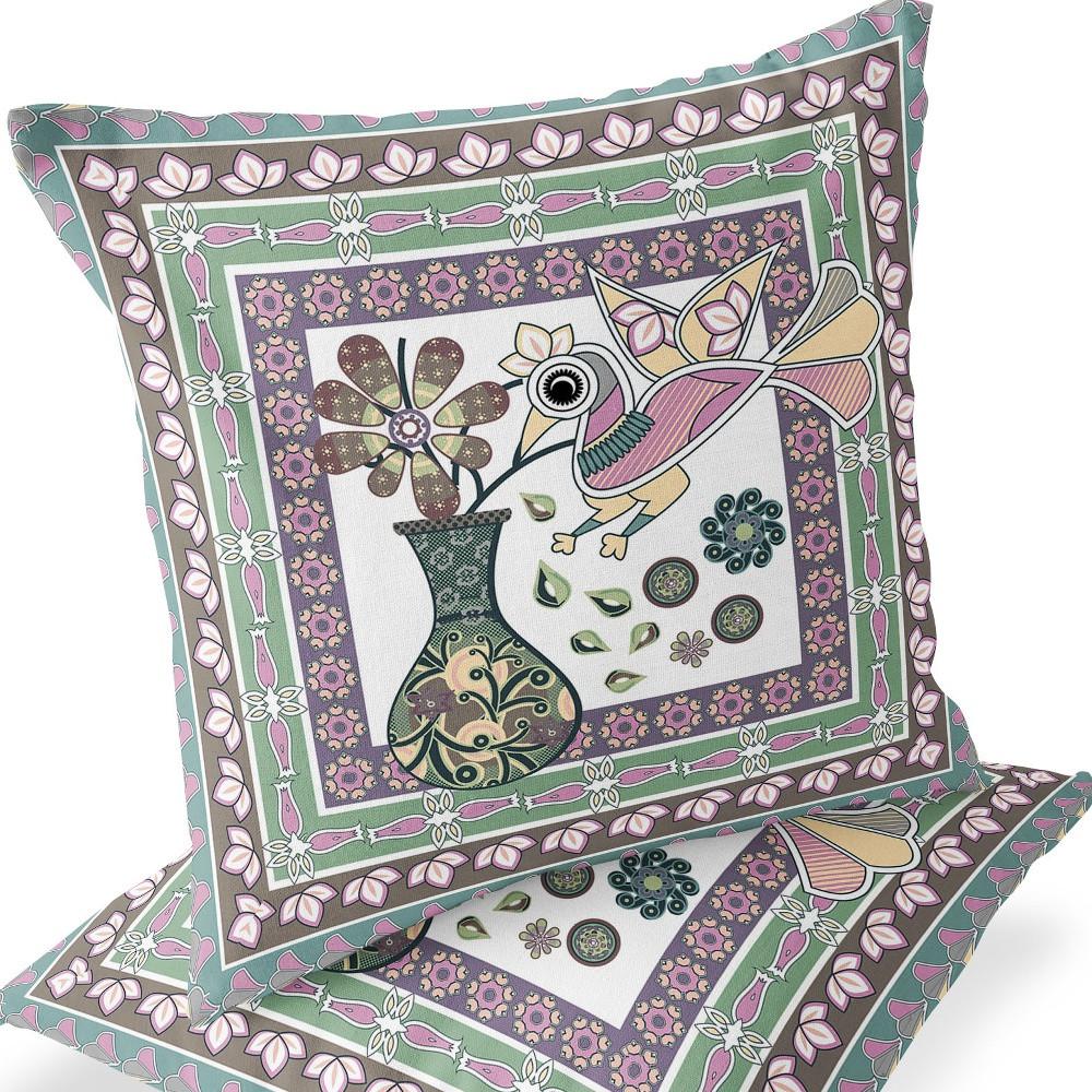Pink, Brown Peacock Blown Seam Floral Indoor Outdoor Throw Pillow. Picture 6