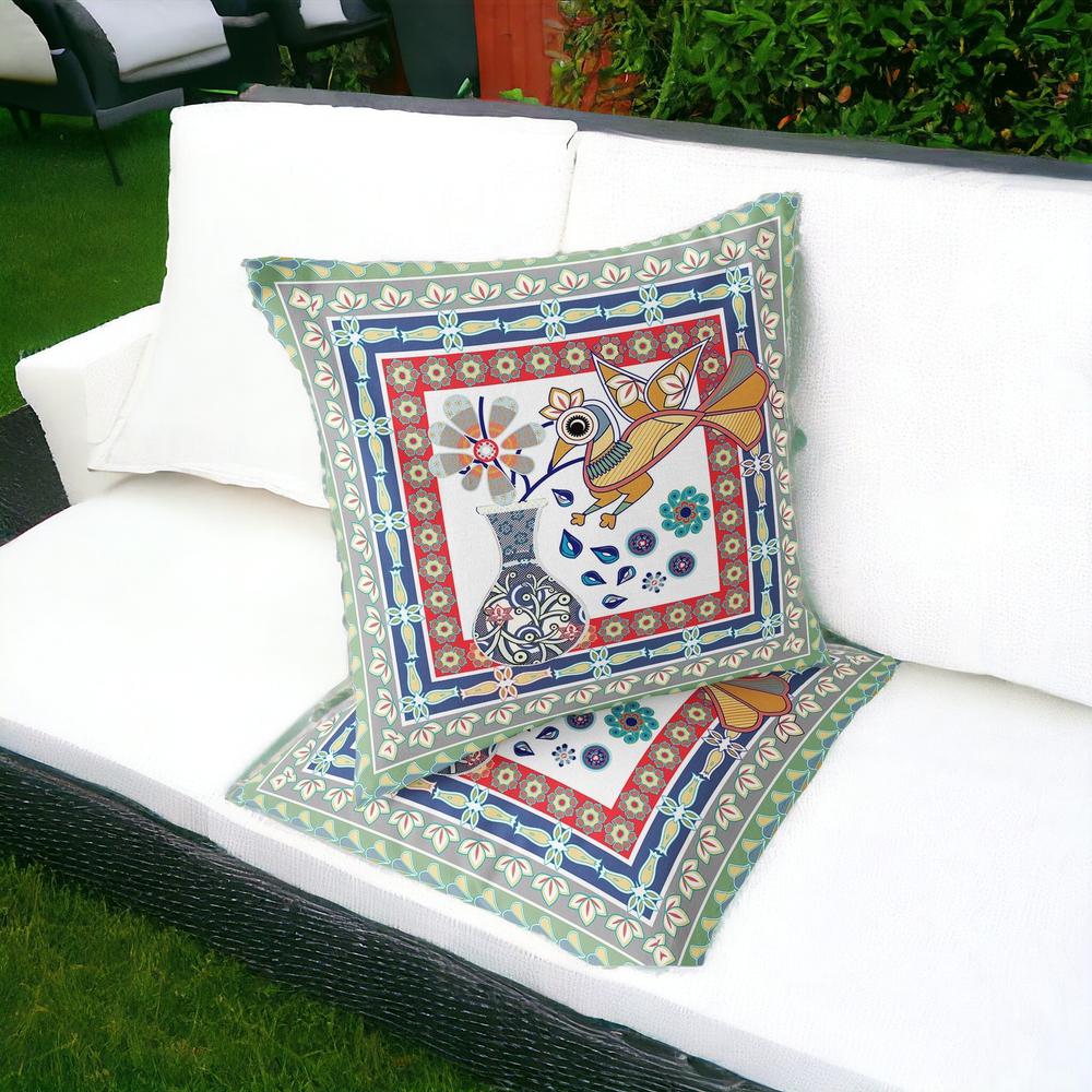 Red, White Peacock Blown Seam Floral Indoor Outdoor Throw Pillow. Picture 2