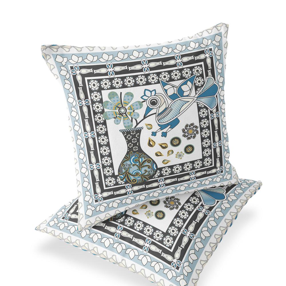 Black, White Peacock Blown Seam Floral Indoor Outdoor Throw Pillow. Picture 1