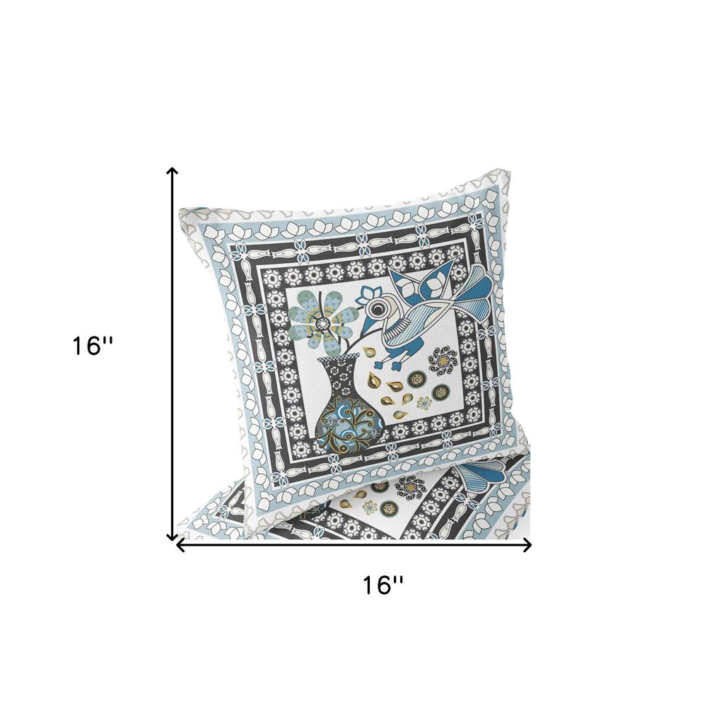 Black, White Peacock Blown Seam Floral Indoor Outdoor Throw Pillow. Picture 7