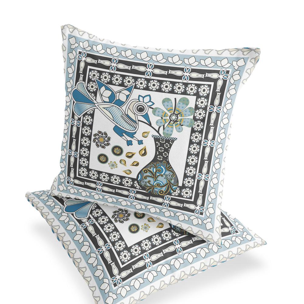 Black, White Peacock Blown Seam Floral Indoor Outdoor Throw Pillow. Picture 4