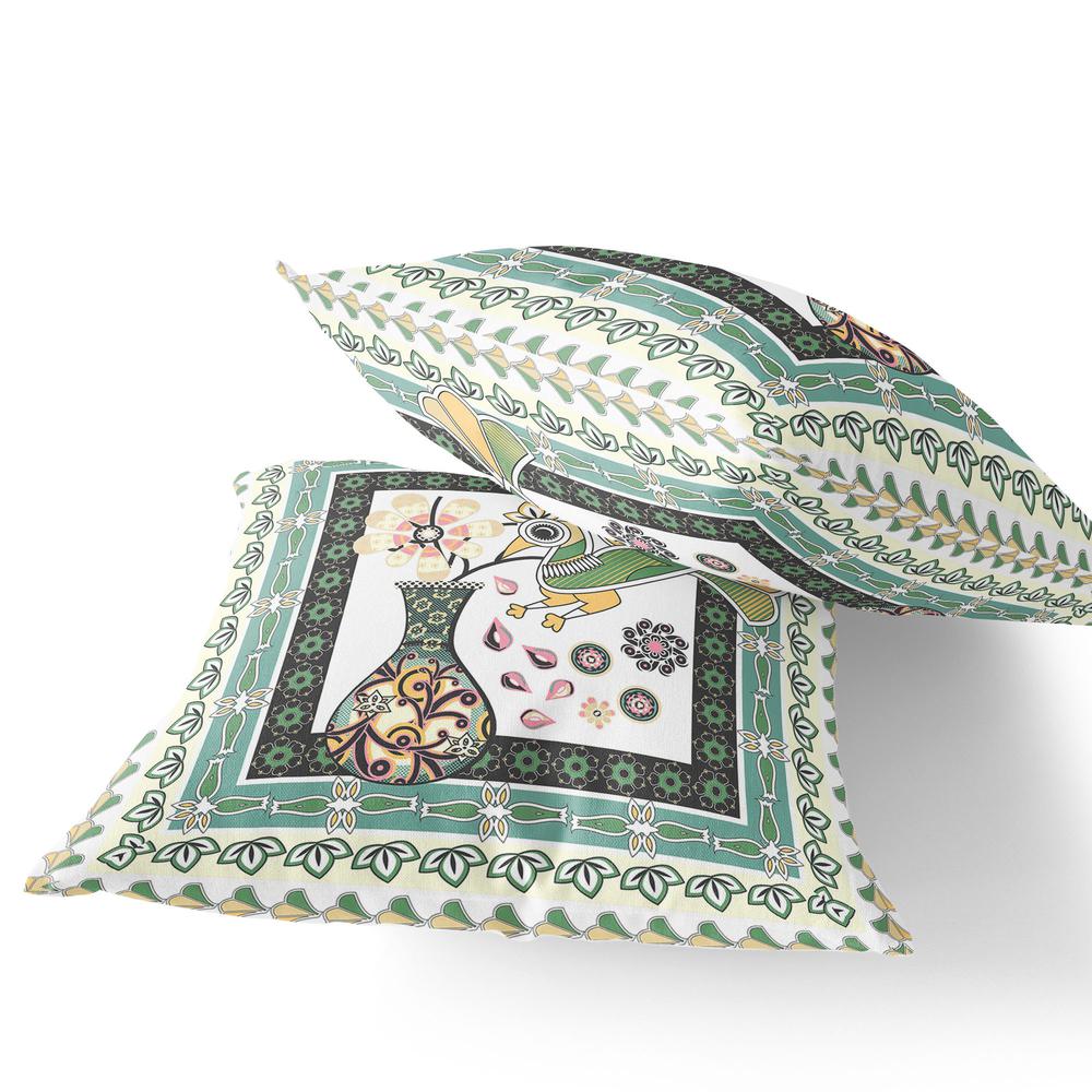 Green, White Peacock Blown Seam Floral Indoor Outdoor Throw Pillow. Picture 3