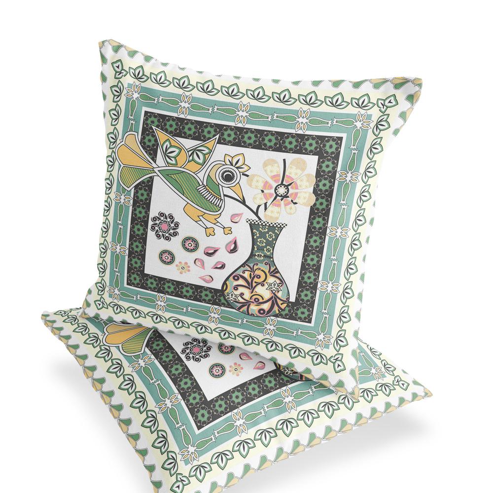 Green, White Peacock Blown Seam Floral Indoor Outdoor Throw Pillow. Picture 4