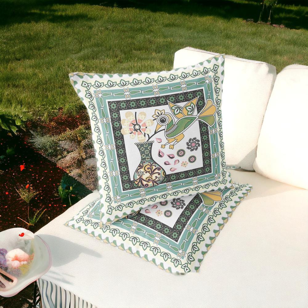 Green, White Peacock Blown Seam Floral Indoor Outdoor Throw Pillow. Picture 2