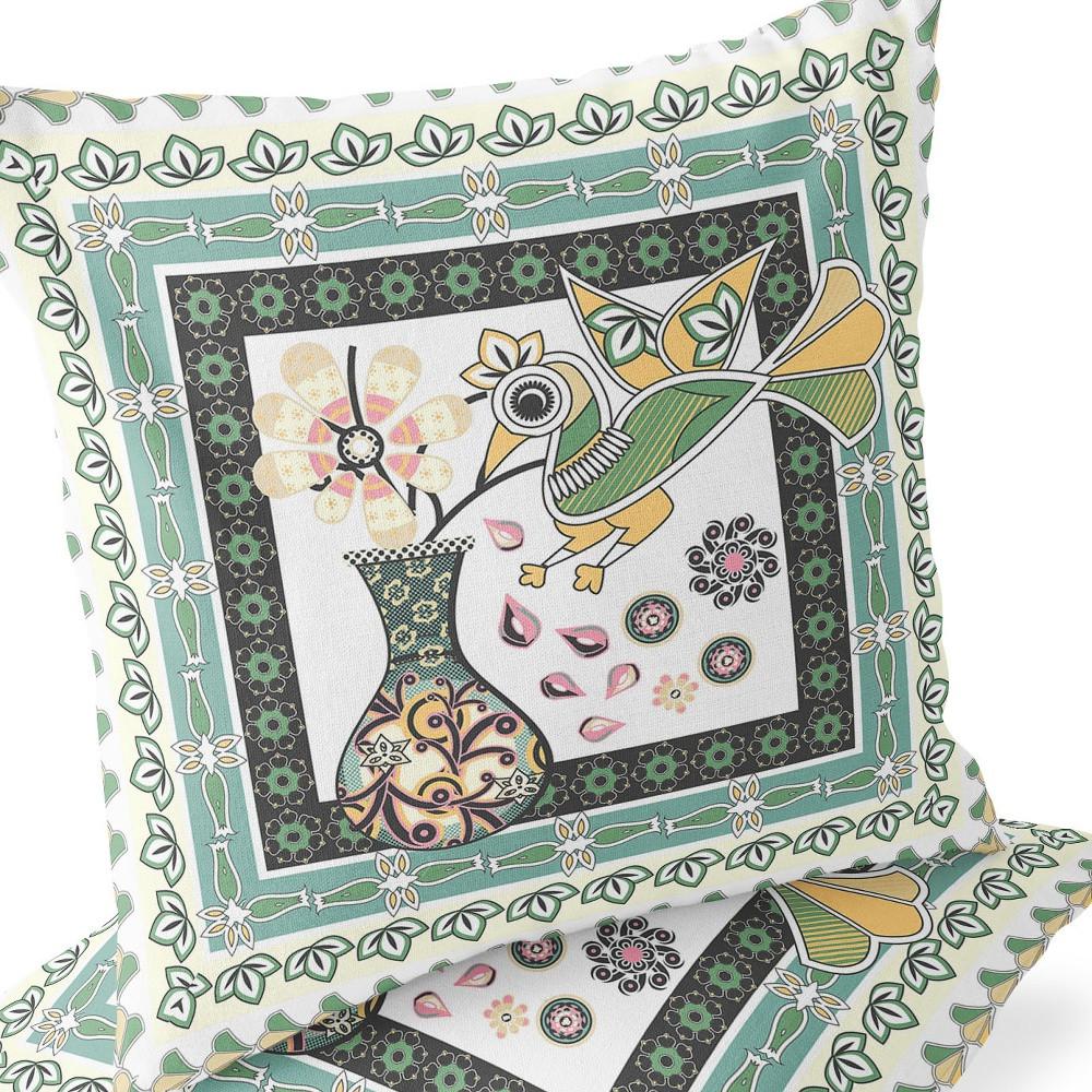 Green, White Peacock Blown Seam Floral Indoor Outdoor Throw Pillow. Picture 7