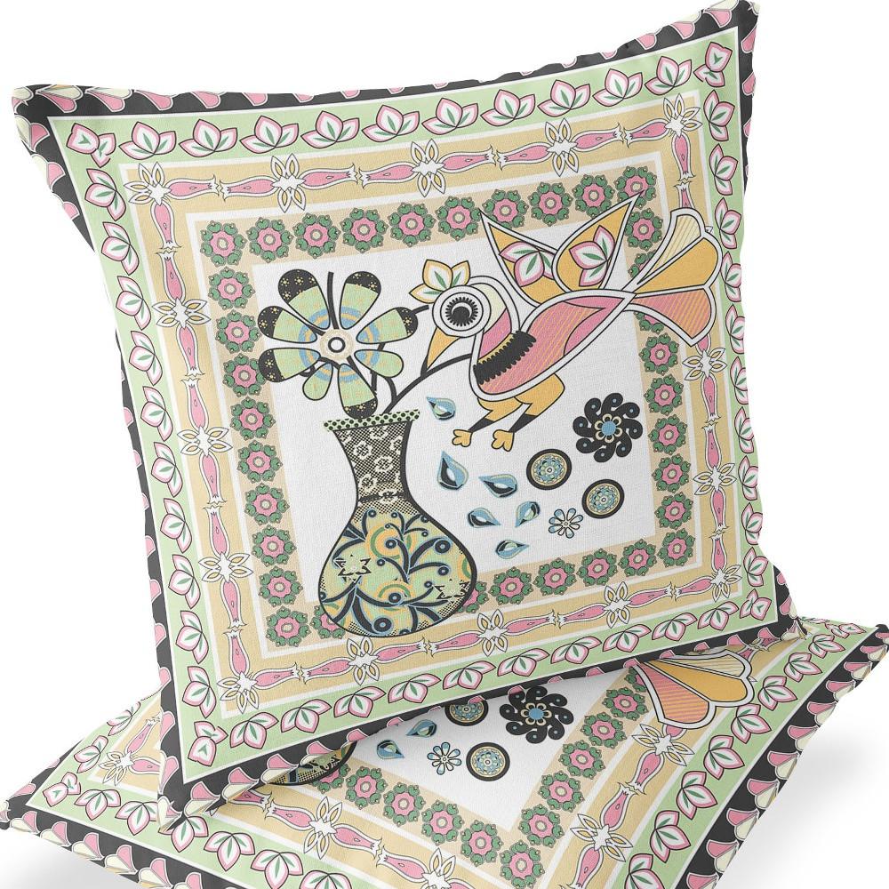 Green, White Peacock Blown Seam Floral Indoor Outdoor Throw Pillow. Picture 7