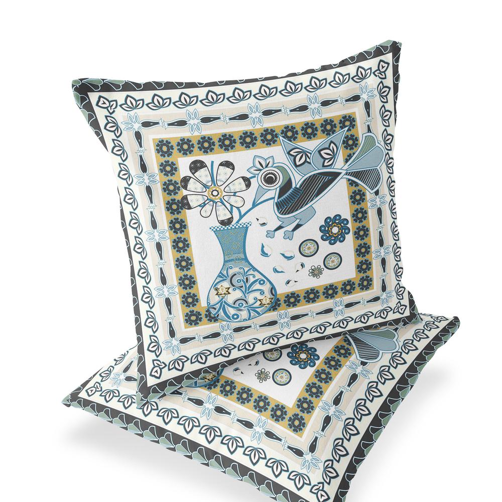 Black, White Peacock Blown Seam Floral Indoor Outdoor Throw Pillow. Picture 1