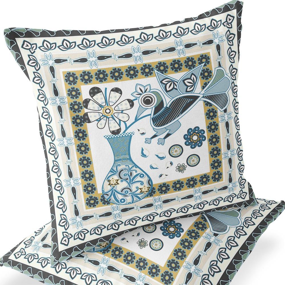 Black, White Peacock Blown Seam Floral Indoor Outdoor Throw Pillow. Picture 6