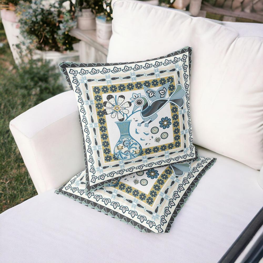 Black, White Peacock Blown Seam Floral Indoor Outdoor Throw Pillow. Picture 2