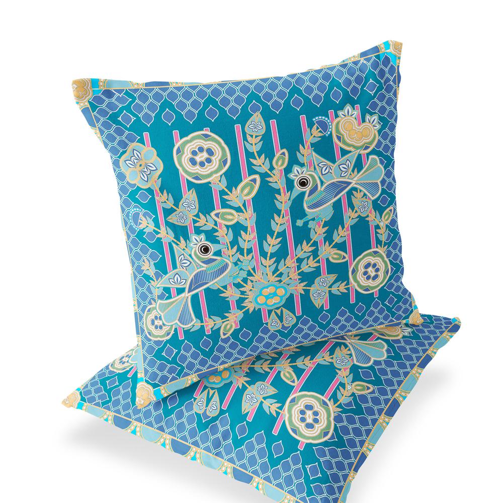 Blue, Green Peacock Blown Seam Floral Indoor Outdoor Throw Pillow. Picture 1