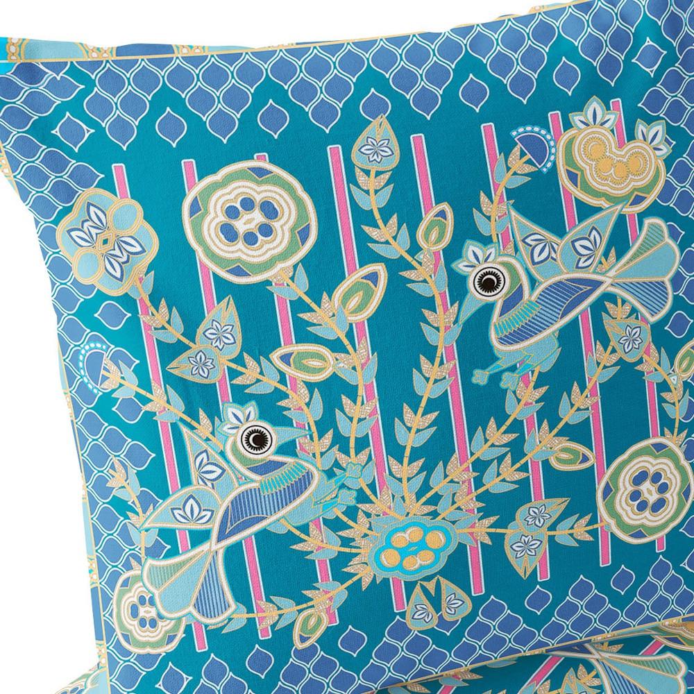 Blue, Green Peacock Blown Seam Floral Indoor Outdoor Throw Pillow. Picture 5