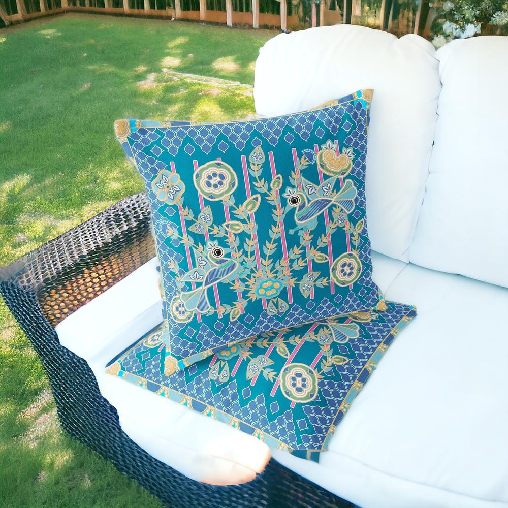 Blue, Green Peacock Blown Seam Floral Indoor Outdoor Throw Pillow. Picture 2