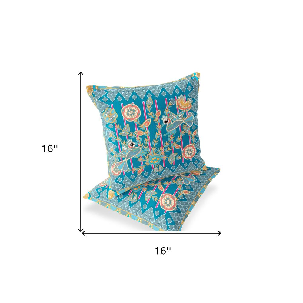 Blue, Gold Peacock Blown Seam Floral Indoor Outdoor Throw Pillow. Picture 8