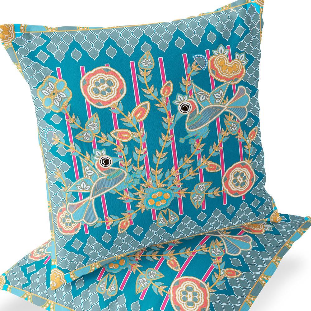 Blue, Gold Peacock Blown Seam Floral Indoor Outdoor Throw Pillow. Picture 7